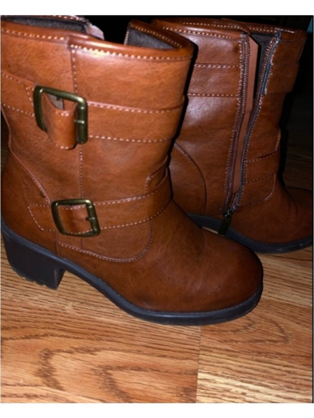 Celebrity Pink | Delta Cognac Brown Mid-Calf Buckle Heeled Boots - WW